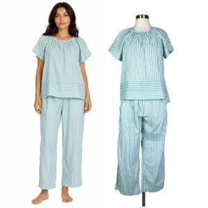 Mirth | Blue White Stripe Cotton Lounge Sleep Matching Pajama Set Handmade XS